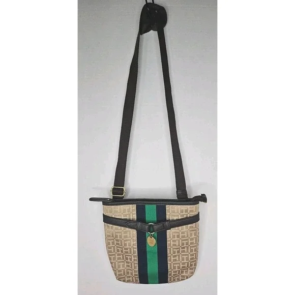 Tommy Hilfiger Tan Blue Square Stripe Crossbody Bag Purse Vintage - Picture 2 of 13